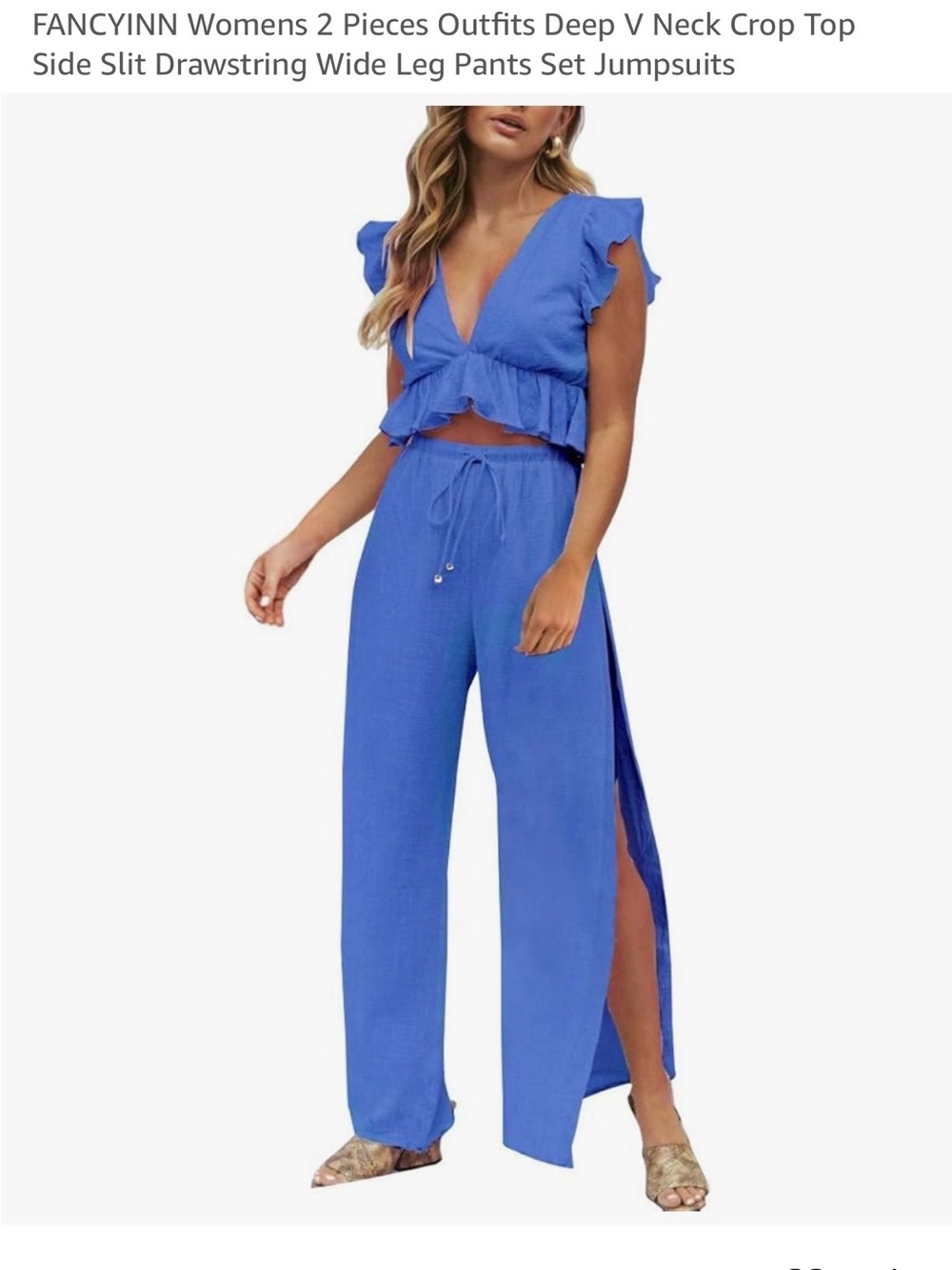 Amazon Royal Blue Two-Piece Deep V Crop Top & Side-Slit Wide Leg Pants Set